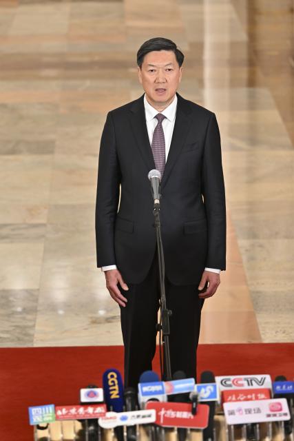 (260309) -- BEIJING, March 9, 2026 (Xinhua) -- Gao Zhidan, director of China's General Administration of Sport, gives an interview after the second plenary meeting of the fourth session of the 14th National People's Congress (NPC) at the Great Hall of the People in Beijing, capital of China, March 9, 2026. (Xinhua/Li Xin)