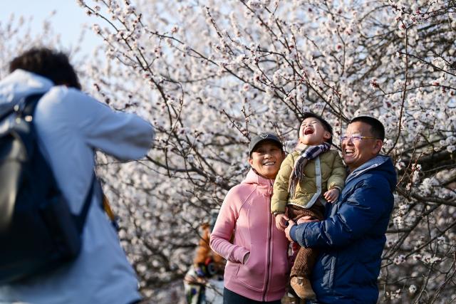 (260310) -- BEIJING, March 10, 2026 (Xinhua) -- Tourists pose for photos with blooming trees at the Daming Palace National Heritage Park, in Xi'an, northwest China's Shaanxi Province, March 9, 2026. (Xinhua/Zou Jingyi)