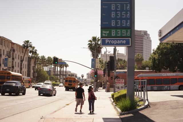(260310) -- LOS ANGELES, March 10, 2026 (Xinhua) -- Gas prices are displayed at a gas station in Los Angeles, California, the United States, on March 9, 2026. TO GO WITH "Economic Watch: California motorists hit by soaring gas prices amid attacks on Iran" (Photo by Zeng Hui/Xinhua)