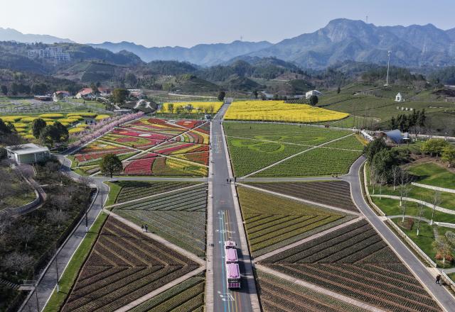 (260310) -- JINHUA, March 10, 2026 (Xinhua) -- An aerial drone photo taken on March 10, 2026 shows tourists visiting a scenic area by a tour bus in Jinhua City, east China's Zhejiang Province. (Xinhua/Xu Yu)