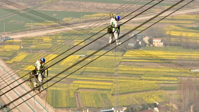 (260310) -- ZONGYANG, March 10, 2026 (Xinhua) -- An aerial drone photo taken on March 10, 2026 shows maintenance workers checking the ±800 kV ultra-high voltage (UHV) Jintang Line by the Yangtze River in Zongyang County of Tongling City, east China's Anhui Province. (Xinhua/Zhou Mu)