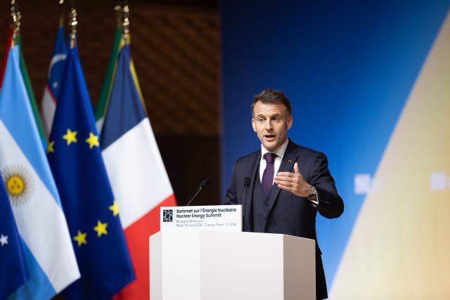 (260310) -- PARIS, March 10, 2026 (Xinhua) -- French President Emmanuel Macron speaks during the second Nuclear Energy Summit in Paris, France, on March 10, 2026. Macron on Tuesday called on both public and private sectors to step up investment in the development of civil nuclear energy. (French Ministry of Europe and Foreign Affairs/Handout via Xinhua)