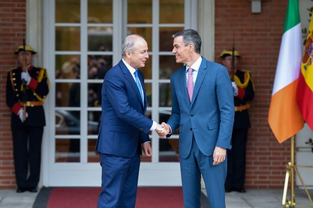 (260310) -- MADRID, March 10, 2026 (Xinhua) -- Spanish Prime Minister Pedro Sanchez (R) shakes hands with visiting Irish Prime Minister Micheal Martin in Madrid, Spain, on March 10, 2026. (Photo by Gustavo Valiente/Xinhua)