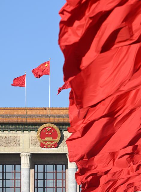 (260311) -- BEIJING, March 11, 2026 (Xinhua) -- This photo taken on March 11, 2026 shows the Great Hall of the People ahead of the closing meeting of the fourth session of the 14th National Committee of the Chinese People's Political Consultative Conference (CPPCC) in Beijing, capital of China. (Xinhua/Jin Liangkuai)
