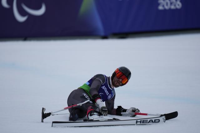 (260311) -- CORTINA D'AMPEZZO, March 11, 2026 (Xinhua) -- Thomas Grochar of Austria reacts during the Para Alpine Skiing Men's Alpine Combined Standing event at the Milan-Cortina 2026 Paralympic Winter Games in Cortina D'ampezzo, Italy, March 10, 2026. (Xinhua/Lian Yi)