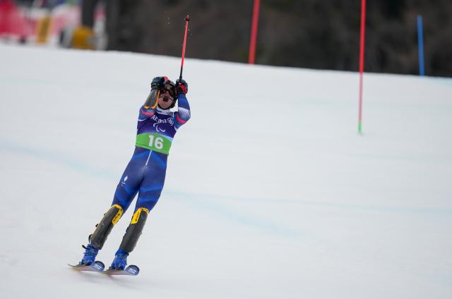 (260311) -- CORTINA D'AMPEZZO, March 11, 2026 (Xinhua) -- Jules Segers of France reacts during the Para Alpine Skiing Men's Alpine Combined Standing event at the Milan-Cortina 2026 Paralympic Winter Games in Cortina D'ampezzo, Italy, March 10, 2026. (Xinhua/Wang Kaiyan)