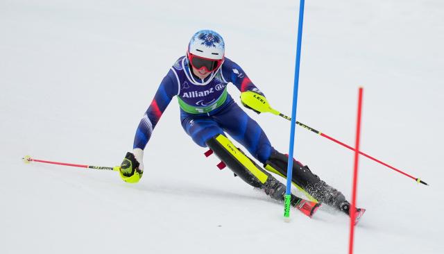 (260311) -- CORTINA D'AMPEZZO, March 11, 2026 (Xinhua) -- Arthur Bauchet of France competes during the Para Alpine Skiing Men's Alpine Combined Standing event at the Milan-Cortina 2026 Paralympic Winter Games in Cortina D'ampezzo, Italy, March 10, 2026. (Xinhua/Wang Kaiyan)