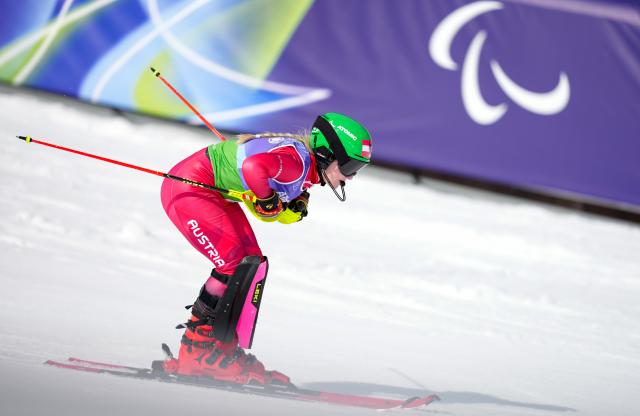(260311) -- CORTINA D'AMPEZZO, March 11, 2026 (Xinhua) -- Elina Stary of Austria competes during the para alpine skiing women's combined vision impaired event at the Milan-Cortina 2026 Paralympic Winter Games in Cortina D'ampezzo, Italy, March 10, 2026. (Xinhua/Wang Kaiyan)