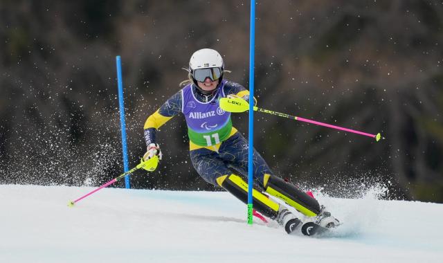 (260311) -- CORTINA D'AMPEZZO, March 11, 2026 (Xinhua) -- Ebba Aarsjoe of Sweden competes during the para alpine skiing women's combined standing event at the Milan-Cortina 2026 Paralympic Winter Games in Cortina D'ampezzo, Italy, March 10, 2026. (Xinhua/Wang Kaiyan)