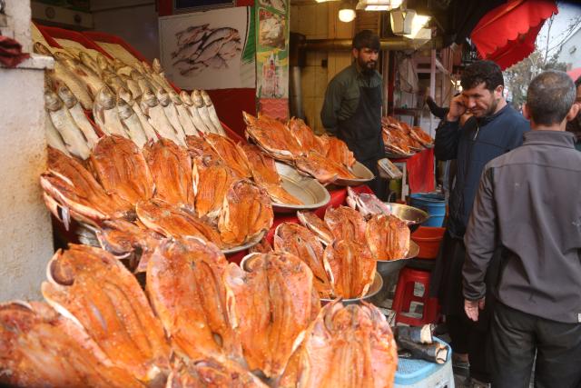 (260311) -- KABUL, March 11, 2026 (Xinhua) -- A fish vendor waits for customers at a fish market in Kabul, Afghanistan, March 11, 2026. Plans are in place to build an additional 7,700 fish farms across Afghanistan, according to the office of the deputy prime minister for economic affairs. (Photo by Saifurahman Safi/Xinhua)