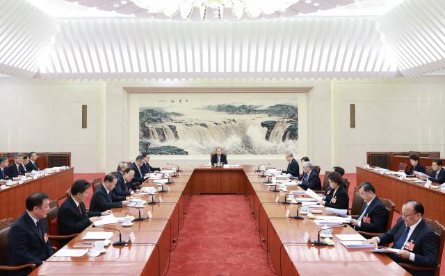 (260311) -- BEIJING, March 11, 2026 (Xinhua) -- Zhao Leji, executive chairman of the presidium of the fourth session of the 14th National People's Congress (NPC) and chairman of the NPC Standing Committee, presides over the second meeting of executive chairpersons of the presidium at the Great Hall of the People in Beijing, capital of China, March 11, 2026. (Xinhua/Wang Ye)
