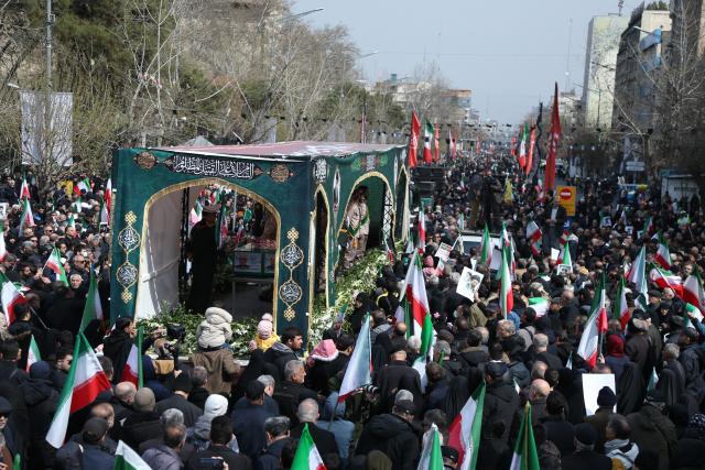 (260311) -- TEHRAN, March 11, 2026 (Xinhua) -- A funeral for Iranian high-ranking military commanders killed during strikes launched by the United States and Israel against Iran is held in Tehran, Iran, March 11, 2026. (Xinhua/Shadati)