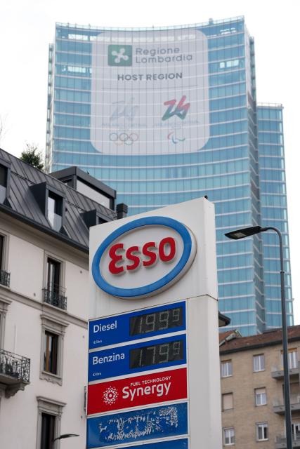 (260311) -- MILAN, March 11, 2026 (Xinhua) -- This photo taken on March 11, 2026 shows a price board of a gas station in Milan, Italy. European Commission President Ursula von der Leyen said on Wednesday the Middle East conflict has imposed heavy economic costs on Europe, driving up energy prices and adding billions of euros to import bills. (Xinhua/Li Jing)