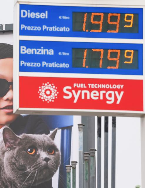 (260311) -- MILAN, March 11, 2026 (Xinhua) -- This photo taken on March 11, 2026 shows a price board of a gas station in Milan, Italy. European Commission President Ursula von der Leyen said on Wednesday the Middle East conflict has imposed heavy economic costs on Europe, driving up energy prices and adding billions of euros to import bills. (Xinhua/Li Jing)
