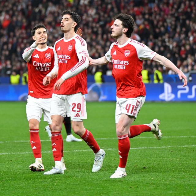 (260312) -- LEVERKUSEN, March 12, 2026 (Xinhua) -- Players of Arsenal celebrate scoring during the UEFA Champions League round of 16 first leg match between Bayer 04 Leverkusen and Arsenal in Leverkusen, Germany, March 11, 2026. (Photo by Ulrich Hufnagel/Xinhua)
