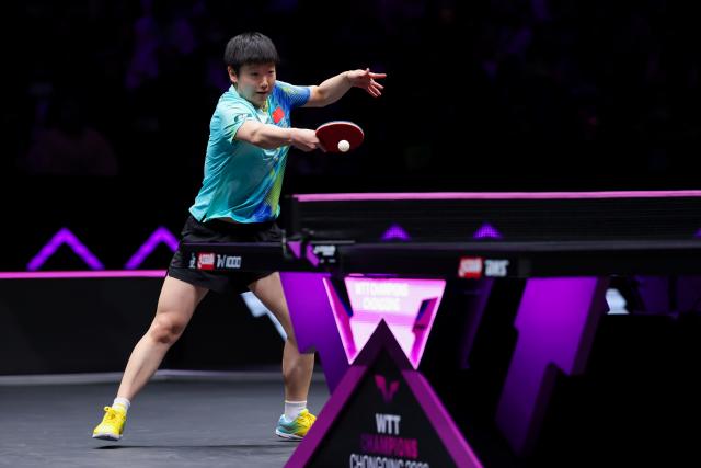 (260312) -- CHONGQING, March 12, 2026 (Xinhua) -- Sun Yingsha of China returns the ball during the women's singles round of 32 match against Joo Cheonhui of South Korea at the WTT Champions Chongqing 2026 in southwest China's Chongqing, March 12, 2026. (Xinhua/Huang Wei)