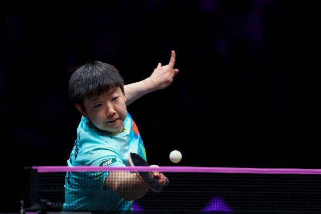 (260312) -- CHONGQING, March 12, 2026 (Xinhua) -- Sun Yingsha of China returns the ball during the women's singles round of 32 match against Joo Cheonhui of South Korea at the WTT Champions Chongqing 2026 in southwest China's Chongqing, March 12, 2026. (Xinhua/Huang Wei)