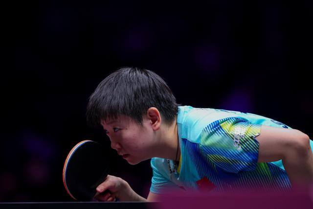 (260312) -- CHONGQING, March 12, 2026 (Xinhua) -- Sun Yingsha of China competes during the women's singles round of 32 match against Joo Cheonhui of South Korea at the WTT Champions Chongqing 2026 in southwest China's Chongqing, March 12, 2026. (Xinhua/Huang Wei)