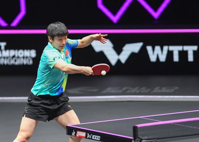 (260312) -- CHONGQING, March 12, 2026 (Xinhua) -- Sun Yingsha of China returns the ball during the women's singles round of 32 match against Joo Cheonhui of South Korea at the WTT Champions Chongqing 2026 in southwest China's Chongqing, March 12, 2026. (Xinhua/Tang Yi)