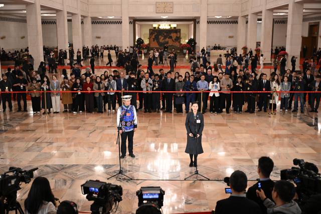 (260312) -- BEIJING, March 12, 2026 (Xinhua) -- Deputies to the 14th National People's Congress (NPC) attend a group interview ahead of the closing meeting of the fourth session of the 14th NPC at the Great Hall of the People in Beijing, capital of China, March 12, 2026. (Xinhua/Cai Xiangxin)