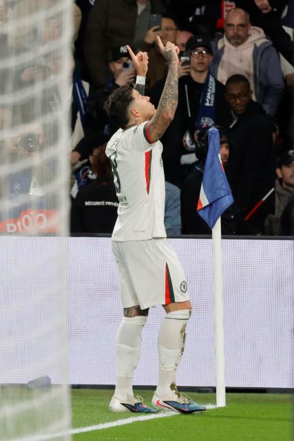 (260312) -- PARIS, March 12, 2026 (Xinhua) -- Enzo Fernandez of Chelsea celebrates scoring during the UEFA Champions League round of 16 first leg match between Paris Saint-Germain (PSG) and Chelsea in Paris, France, March 11, 2026. (Photo by Henri Szwarc/Xinhua)