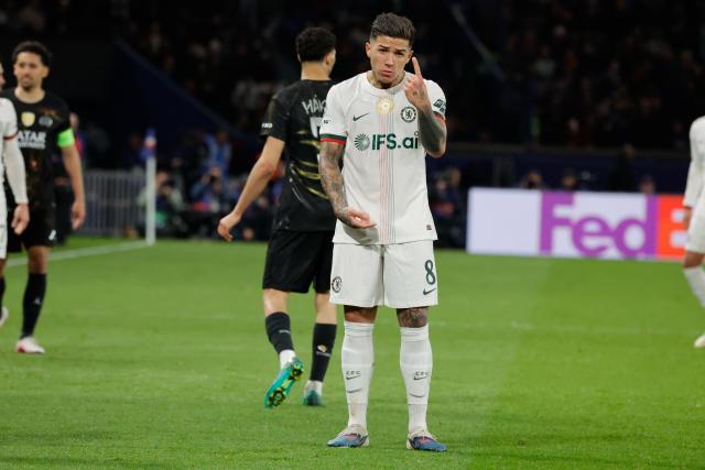 (260312) -- PARIS, March 12, 2026 (Xinhua) -- Enzo Fernandez of Chelsea reacts during the UEFA Champions League round of 16 first leg match between Paris Saint-Germain (PSG) and Chelsea in Paris, France, March 11, 2026. (Photo by Henri Szwarc/Xinhua)