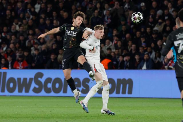 (260312) -- PARIS, March 12, 2026 (Xinhua) -- Joao Neves (L) of Paris Saint-Germain vies with Cole Palmer of Chelsea during the UEFA Champions League round of 16 first leg match between Paris Saint-Germain (PSG) and Chelsea in Paris, France, March 11, 2026. (Photo by Henri Szwarc/Xinhua)