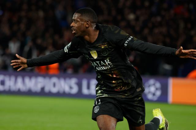 (260312) -- PARIS, March 12, 2026 (Xinhua) -- Ousmane Dembele of Paris Saint-Germain celebrates scoring during the UEFA Champions League round of 16 first leg match between Paris Saint-Germain (PSG) and Chelsea in Paris, France, March 11, 2026. (Photo by Henri Szwarc/Xinhua)