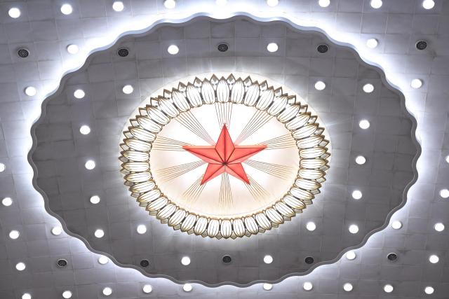 (260312) -- BEIJING, March 12, 2026 (Xinhua) -- This photo taken on March 12, 2026 shows an interior view of the Great Hall of the People, the venue for the closing meeting of the fourth session of the 14th National People's Congress (NPC), in Beijing, capital of China. (Xinhua/Shen Hong)