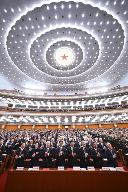 (260312) -- BEIJING, March 12, 2026 (Xinhua) -- The closing meeting of the fourth session of the 14th National People's Congress (NPC) is held at the Great Hall of the People in Beijing, capital of China, March 12, 2026. (Xinhua/Li Xiang)