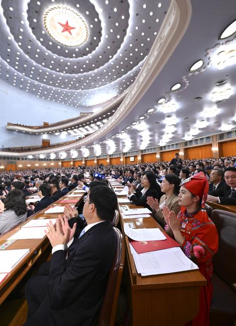 (260312) -- BEIJING, March 12, 2026 (Xinhua) -- The closing meeting of the fourth session of the 14th National People's Congress (NPC) is held at the Great Hall of the People in Beijing, capital of China, March 12, 2026. (Xinhua/Rao Aimin)