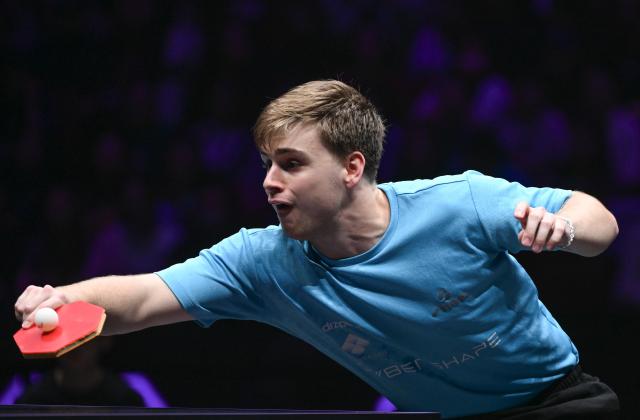 (260312) -- CHONGQING, March 12, 2026 (Xinhua) -- Truls Moregard hits a return during the men's singles round of 16 match between Wen Ruibo of China and Truls Moregard of Sweden at the WTT Champions Chongqing 2026 in southwest China's Chongqing, March 12, 2026. (Xinhua/Chen Cheng)