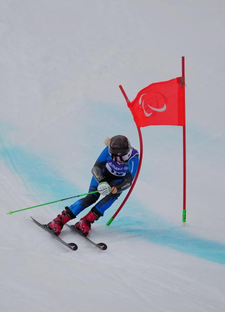 (260312) -- CORTINA D'AMPEZZO, March 12, 2026 (Xinhua) -- Varvara Voronchikhina of Russia competes during women's giant slalom standing of the para alpine skiing event at the Milan-Cortina 2026 Paralympic Winter Games in Cortina D'ampezzo, Italy, March 12, 2026. (Xinhua/Mu Yu)
