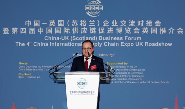 (260312) -- EDINBURGH, March 12, 2026 (Xinhua) -- John Primrose, deputy director of Exports and Inward Investment of the Scottish Government, speaks at the China-UK (Scotland) business forum in Edinburgh, Britain, March 11, 2026. TO GO WITH "China-UK (Scotland) business forum held in Edinburgh to strengthen cooperation" (Xinhua/Li Ying)