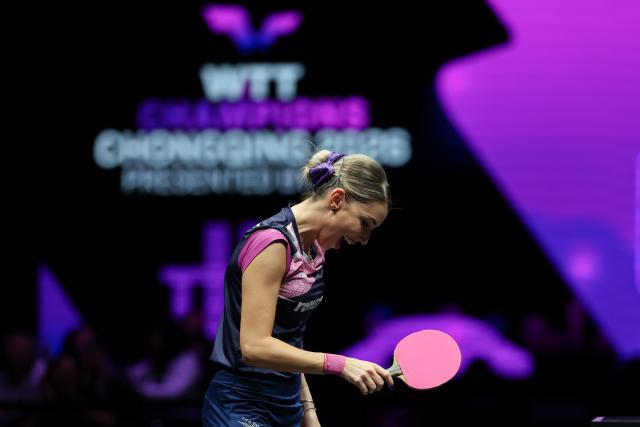 (260313) -- CHONGQING, March 13, 2026 (Xinhua) -- Bernadette Szocs of Romania reacts after the women's singles round of 16 match against Chen Yi of China at the WTT Champions Chongqing 2026 in southwest China's Chongqing, March 13, 2026. (Xinhua/Huang Wei)