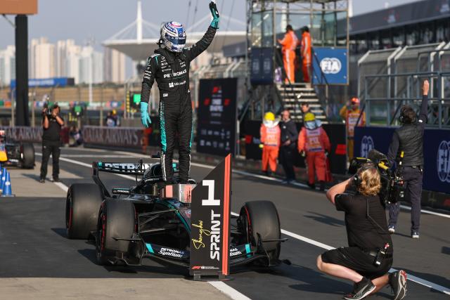 (260313) -- SHANGHAI, March 13, 2026 (Xinhua) -- Mercedes' George Russell of Britain celebrates after the Sprint Qualifying of Formula One Chinese Grand Prix at Shanghai International Circuit in Shanghai, China, March 13, 2026. (Photo by Qian Jun/Xinhua)