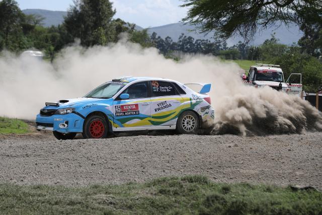 (260314) -- NAIVASHA, March 14, 2026 (Xinhua) -- Rwanda rally team's driver Giancarlo Davite and his co-driver Fabrice Nyiridandi compete on the second day of the WRC Safari Rally Kenya 2026 at "Miti Mbili" in Naivasha, Nakuru County, Kenya, March 13, 2026. (Photo by Henry Naminde/Xinhua)