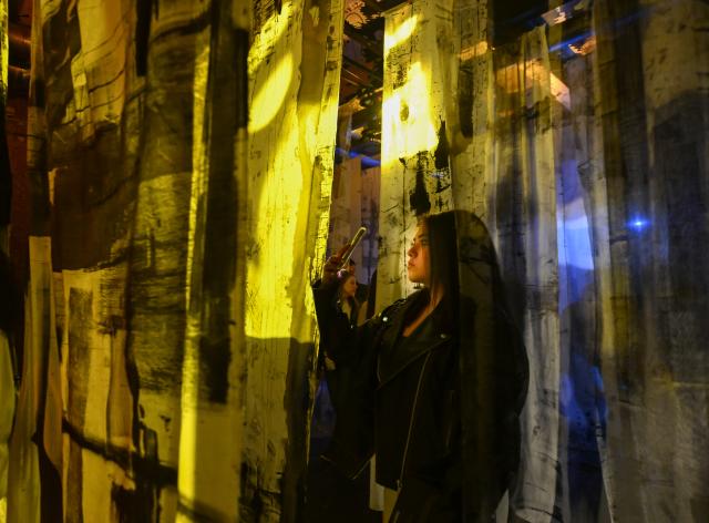 (260314) -- MADRID, March 14, 2026 (Xinhua) -- A woman takes photos of light installations at LuzMadrid 2026, an international light festival, in Madrid, Spain, March 13, 2026.
  LuzMadrid 2026 is held here from March 12 to March 14. (Xinhua/Cheng Min)