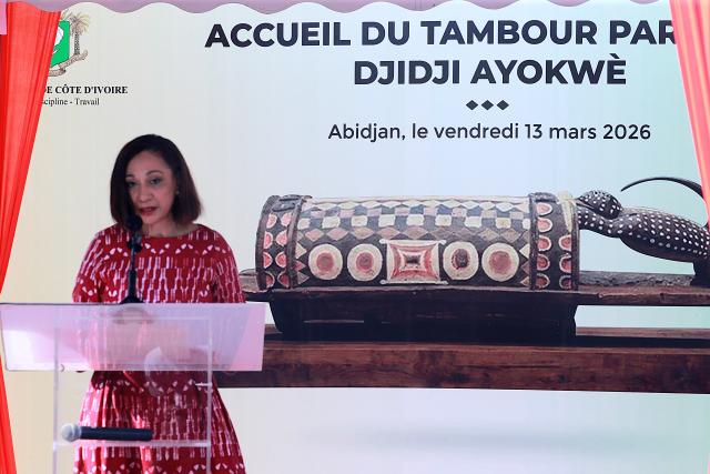 (260314) -- ABIDJAN, March 14, 2026 (Xinhua) -- Ivorian Minister of Culture and Francophonie Françoise Remarck speaks at a ceremony marking the return of the talking drum Djidji Ayôkwè, a sacred object of the Atchan people of Abidjan that was confiscated by French colonial authorities in 1916, in Abidjan, Cote d'Ivoire, March 13, 2026.
  TO GO WITH "Historic return: Sacred talking drum Djidji Ayôkwè arrives in Cote d'Ivoire from France" (Photo by Yvan Sonh/Xinhua)