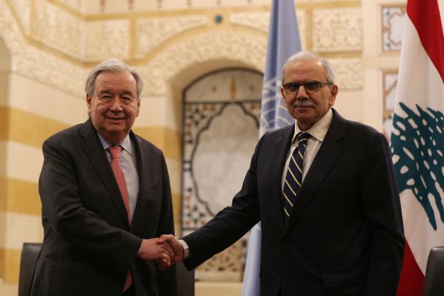 (260314) -- BEIRUT, March 14, 2026 (Xinhua) -- Lebanese Prime Minister Nawaf Salam (R) shakes hands with visiting UN Secretary-General Antonio Guterres at the Grand Serail in Beirut, Lebanon, March 13, 2026.
  Senior UN officials on Friday appealed for aid to victims of Israeli bombings in Lebanon and the safe passage of humanitarian cargo through the Strait of Hormuz.
  During a surprise visit to show solidarity with the people of Lebanon, UN Secretary-General Antonio Guterres announced a three-month appeal of 308.3 million U.S. dollars for victims of the Israeli strikes in southern Lebanon, said Stephane Dujarric, chief spokesman for Guterres. (Photo by Bilal Jawich/Xinhua)