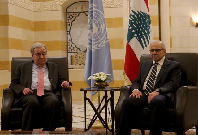 (260314) -- BEIRUT, March 14, 2026 (Xinhua) -- Lebanese Prime Minister Nawaf Salam (R) meets with visiting UN Secretary-General Antonio Guterres at the Grand Serail in Beirut, Lebanon, March 13, 2026.
  Senior UN officials on Friday appealed for aid to victims of Israeli bombings in Lebanon and the safe passage of humanitarian cargo through the Strait of Hormuz.
  During a surprise visit to show solidarity with the people of Lebanon, UN Secretary-General Antonio Guterres announced a three-month appeal of 308.3 million U.S. dollars for victims of the Israeli strikes in southern Lebanon, said Stephane Dujarric, chief spokesman for Guterres. (Photo by Bilal Jawich/Xinhua)