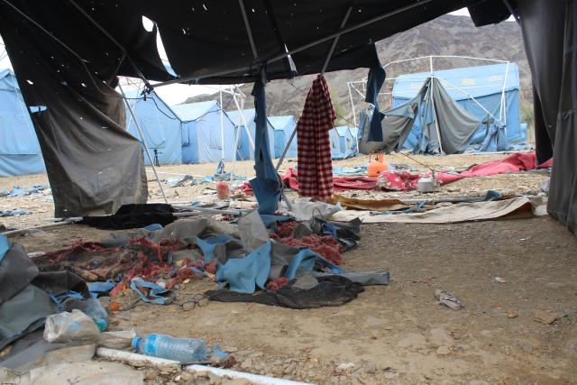 (260314) -- TORKHAM, March 14, 2026 (Xinhua) -- This photo taken on March 11, 2026 shows damaged tents at the Omari camp, Torkham, eastern Afghanistan. TO GO WITH "Feature: Afghan returnees crave peace as border conflict disrupts resettlement" (Photo by Hamidullah/Xinhua)