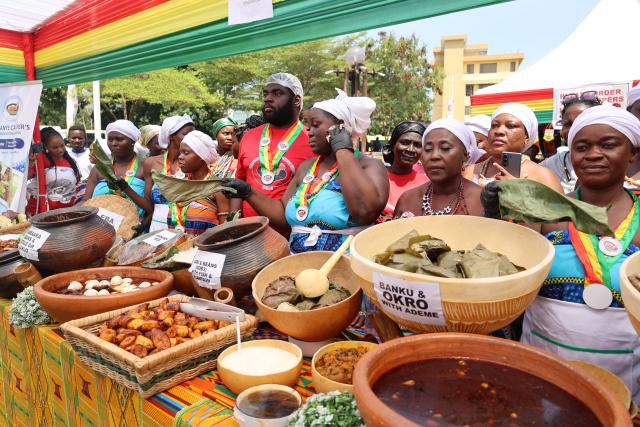 (260314) -- ACCRA, March 14, 2026 (Xinhua) -- Food vendors showcase a variety of Ghanaian dishes at the food fair during the opening of the 2026 Ghana Culture Week in Accra, Ghana, March 13, 2026. Ghana on Friday launched the 2026 Ghana Culture Week celebrations with displays of traditional dance, art exhibitions and cultural performances highlighting the country's rich heritage. (Photo by Seth/Xinhua)