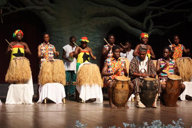 (260314) -- ACCRA, March 14, 2026 (Xinhua) -- A Ghanaian traditional dance performance is staged at the opening of the 2026 Ghana Culture Week in Accra, Ghana, March 13, 2026. Ghana on Friday launched the 2026 Ghana Culture Week celebrations with displays of traditional dance, art exhibitions and cultural performances highlighting the country's rich heritage. (Photo by Seth/Xinhua)