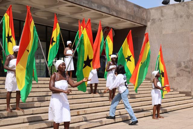 (260314) -- ACCRA, March 14, 2026 (Xinhua) -- A Ghanaian traditional dance performance is staged at the opening of the 2026 Ghana Culture Week in Accra, Ghana, March 13, 2026. Ghana on Friday launched the 2026 Ghana Culture Week celebrations with displays of traditional dance, art exhibitions and cultural performances highlighting the country's rich heritage. (Photo by Seth/Xinhua)