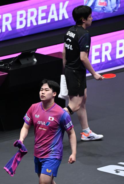 (260314) -- CHONGQING, March 14, 2026 (Xinhua) -- Matsushima Sora reacts during the men's singles quarterfinal between Wang Chuqin of China and Matsushima Sora of Japan at the WTT Champions Chongqing 2026 in southwest China's Chongqing, March 14, 2026. (Xinhua/Chen Cheng)