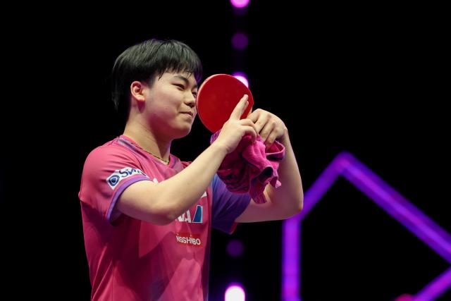 (260314) -- CHONGQING, March 14, 2026 (Xinhua) -- Matsushima Sora reacts during the men's singles quarterfinal between Wang Chuqin of China and Matsushima Sora of Japan at the WTT Champions Chongqing 2026 in southwest China's Chongqing, March 14, 2026. (Xinhua/Huang Wei)
