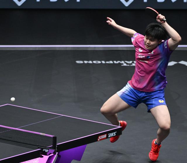 (260314) -- CHONGQING, March 14, 2026 (Xinhua) -- Matsushima Sora hits a return during the men's singles quarterfinal between Wang Chuqin of China and Matsushima Sora of Japan at the WTT Champions Chongqing 2026 in southwest China's Chongqing, March 14, 2026. (Xinhua/Chen Cheng)
