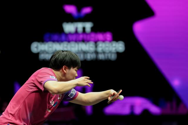 (260314) -- CHONGQING, March 14, 2026 (Xinhua) -- Matsushima Sora hits a return during the men's singles quarterfinal between Wang Chuqin of China and Matsushima Sora of Japan at the WTT Champions Chongqing 2026 in southwest China's Chongqing, March 14, 2026. (Xinhua/Huang Wei)