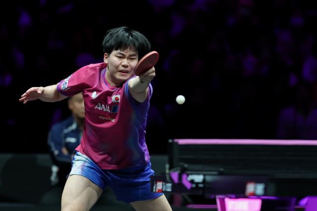 (260314) -- CHONGQING, March 14, 2026 (Xinhua) -- Matsushima Sora hits a return during the men's singles quarterfinal between Wang Chuqin of China and Matsushima Sora of Japan at the WTT Champions Chongqing 2026 in southwest China's Chongqing, March 14, 2026. (Xinhua/Huang Wei)